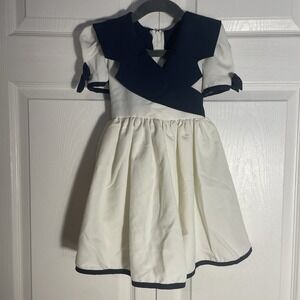 Vintage KIds Time Dress Girls 2 White Navy Collared Short Sleeve 80s Sailor Bows